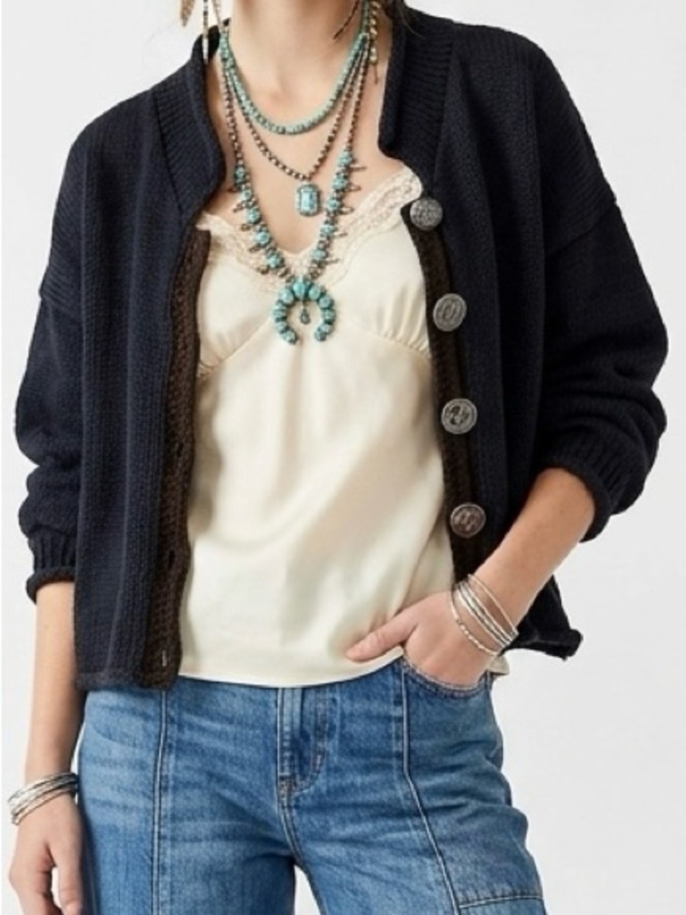 VNTG Ani Barrie Chunky Knit Cropped Cardigan Sweater Heavy Knit Drop Shoulder S